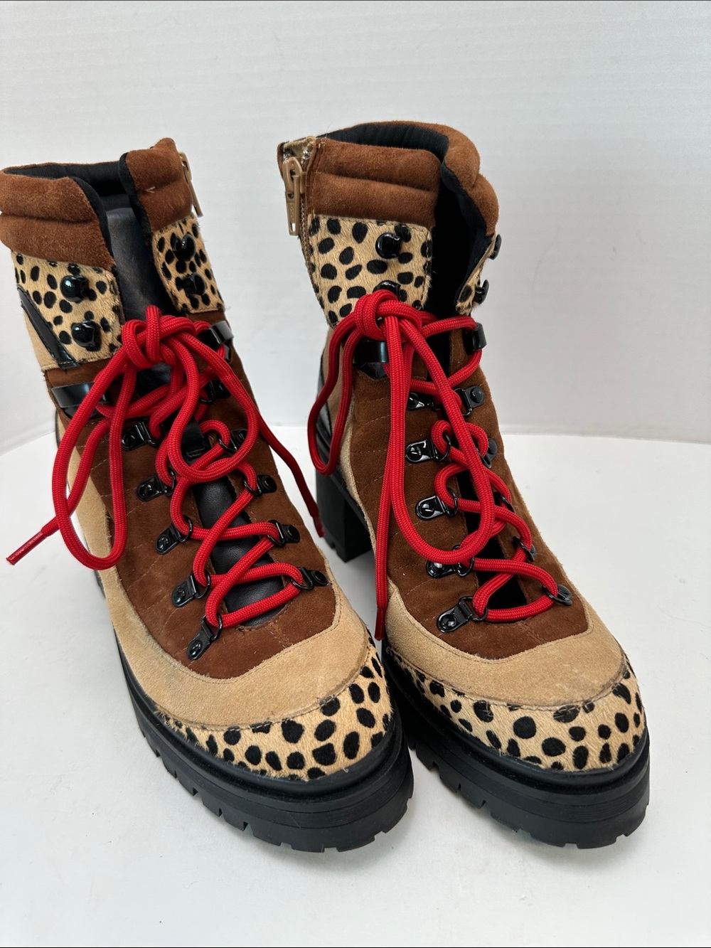 Giani Bernini Tan and Brown Leopard-Print Lace-Up Boots with Red Laces